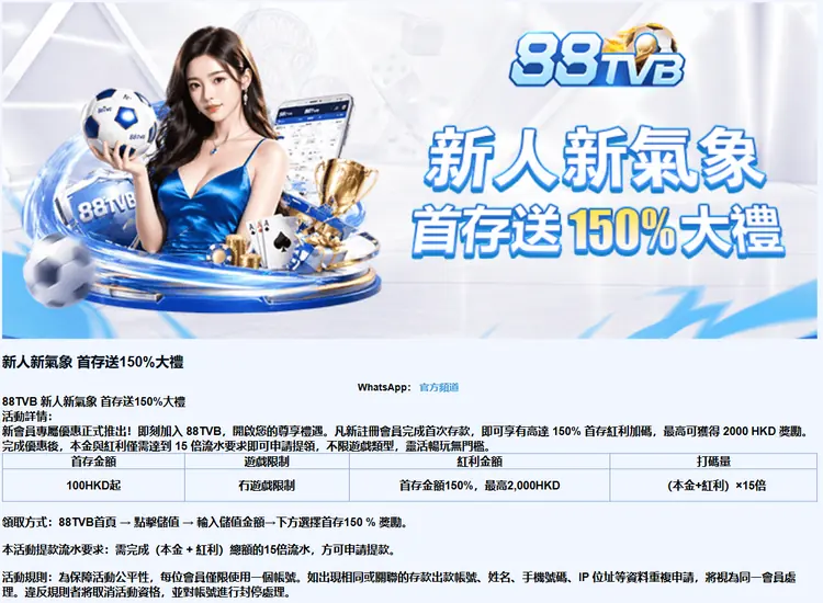 88TVB 新會員首存活動介面，便於核對活動期限與返水限制